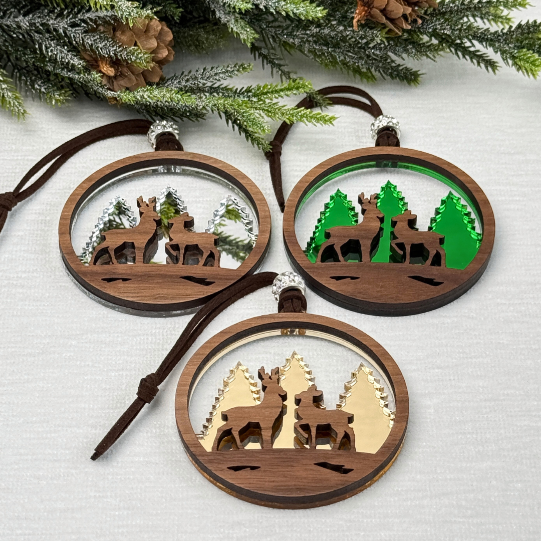 Deer Ornament - Layered Walnut Wood & Mirror