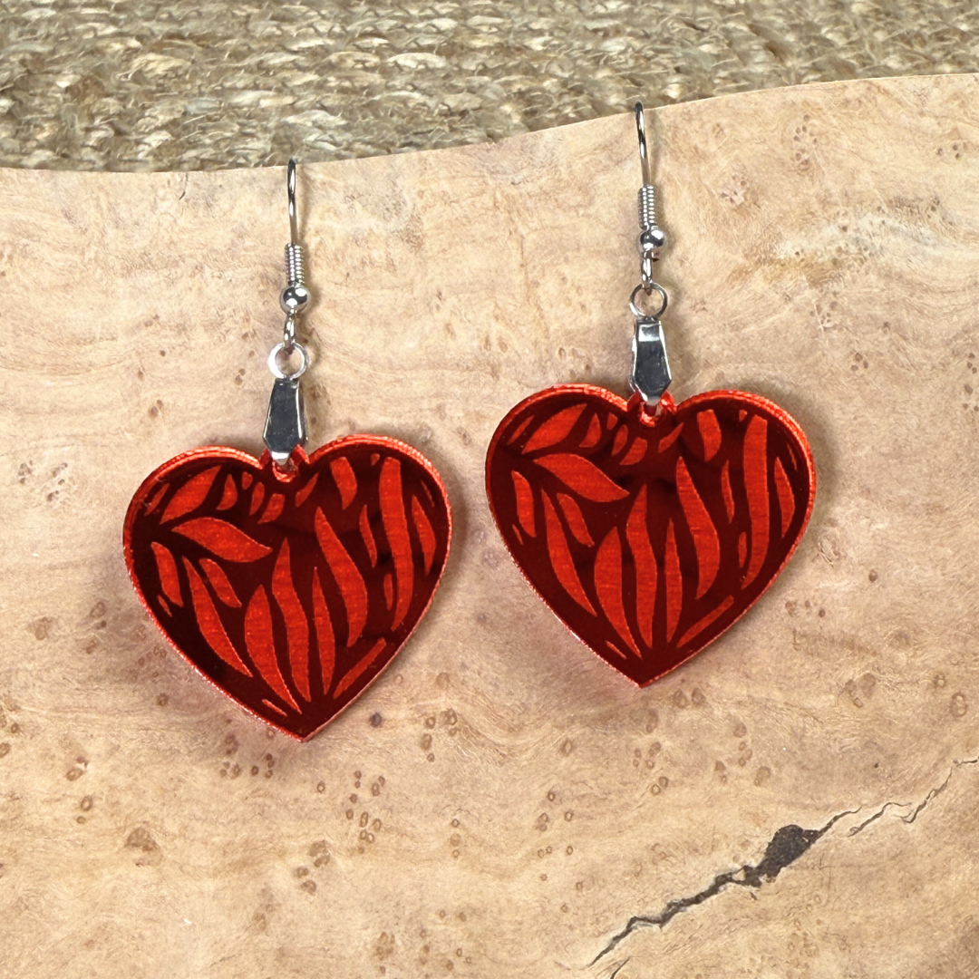 Engraved Heart Earrings – Silver or Red Mirror