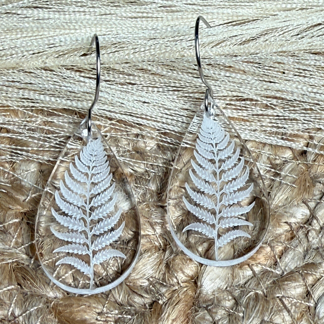 Fern Acrylic Teardrop Earrings – Clear Engraved Earrings
