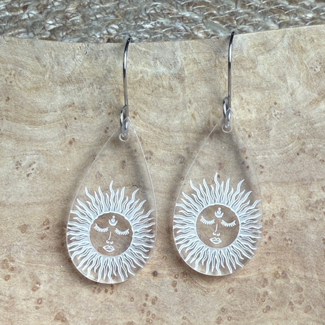 Celestial Sun Teardrop Earrings – Clear Engraved Boho Earrings