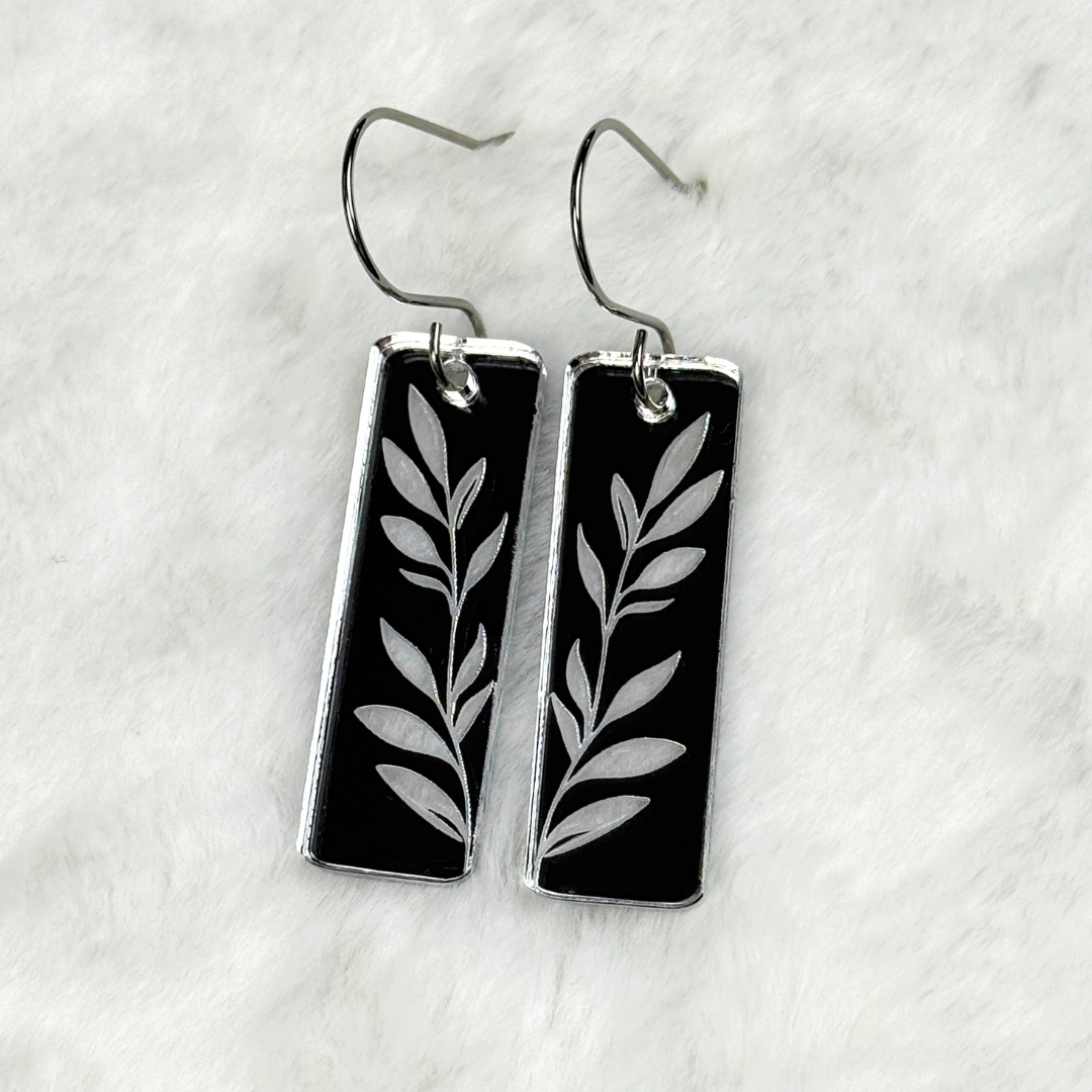 Leaf Rectangle Earrings – Silver Mirrored Acrylic Dangles