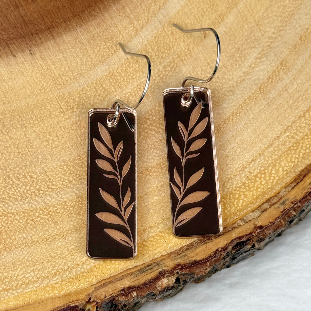 Leaf Rectangle Earrings – Rose Gold Mirrored Acrylic Dangles
