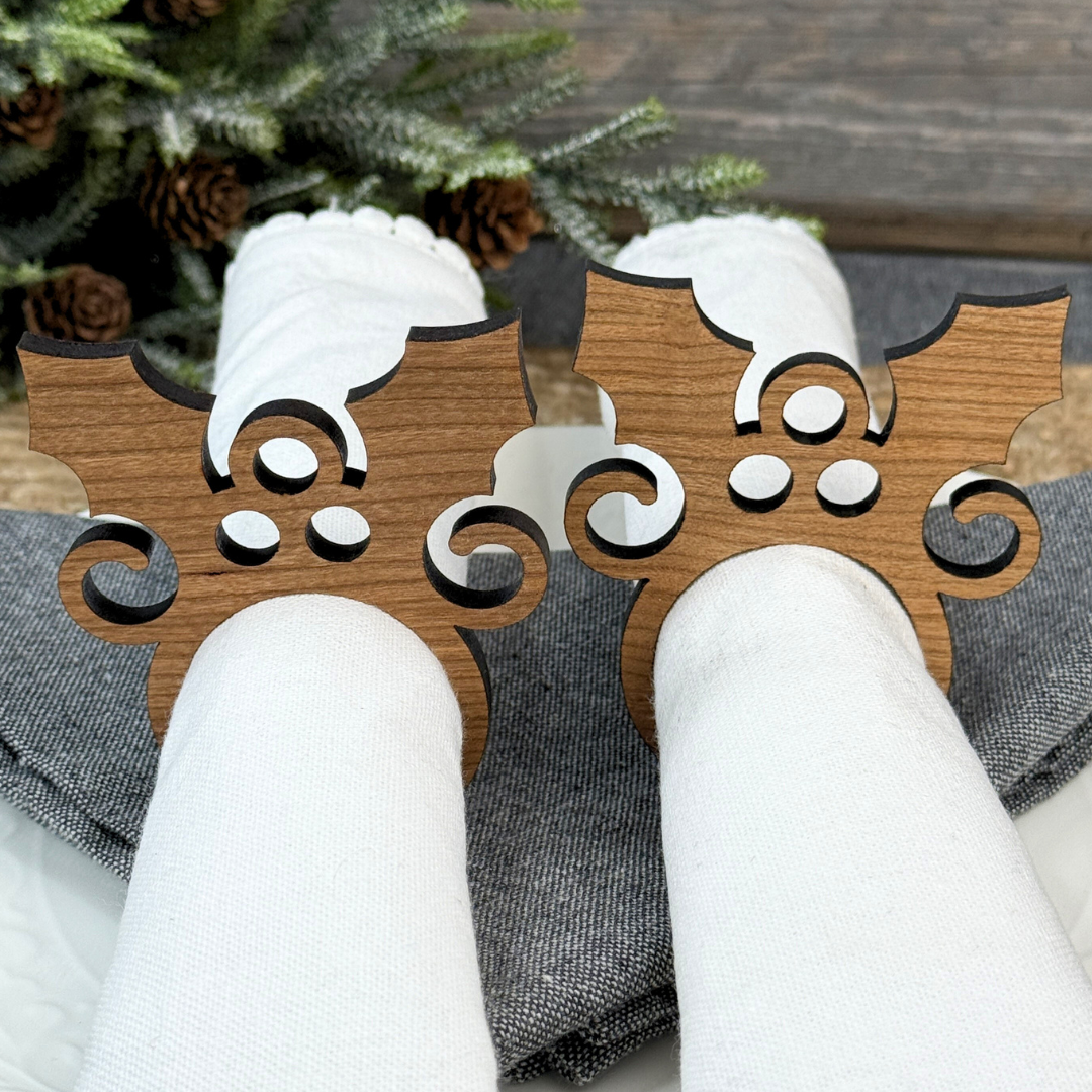 Holly Wooden Christmas Napkin Rings - Holiday Table Decor