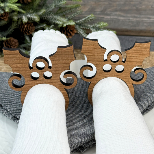 Holly Wooden Christmas Napkin Rings - Holiday Table Decor