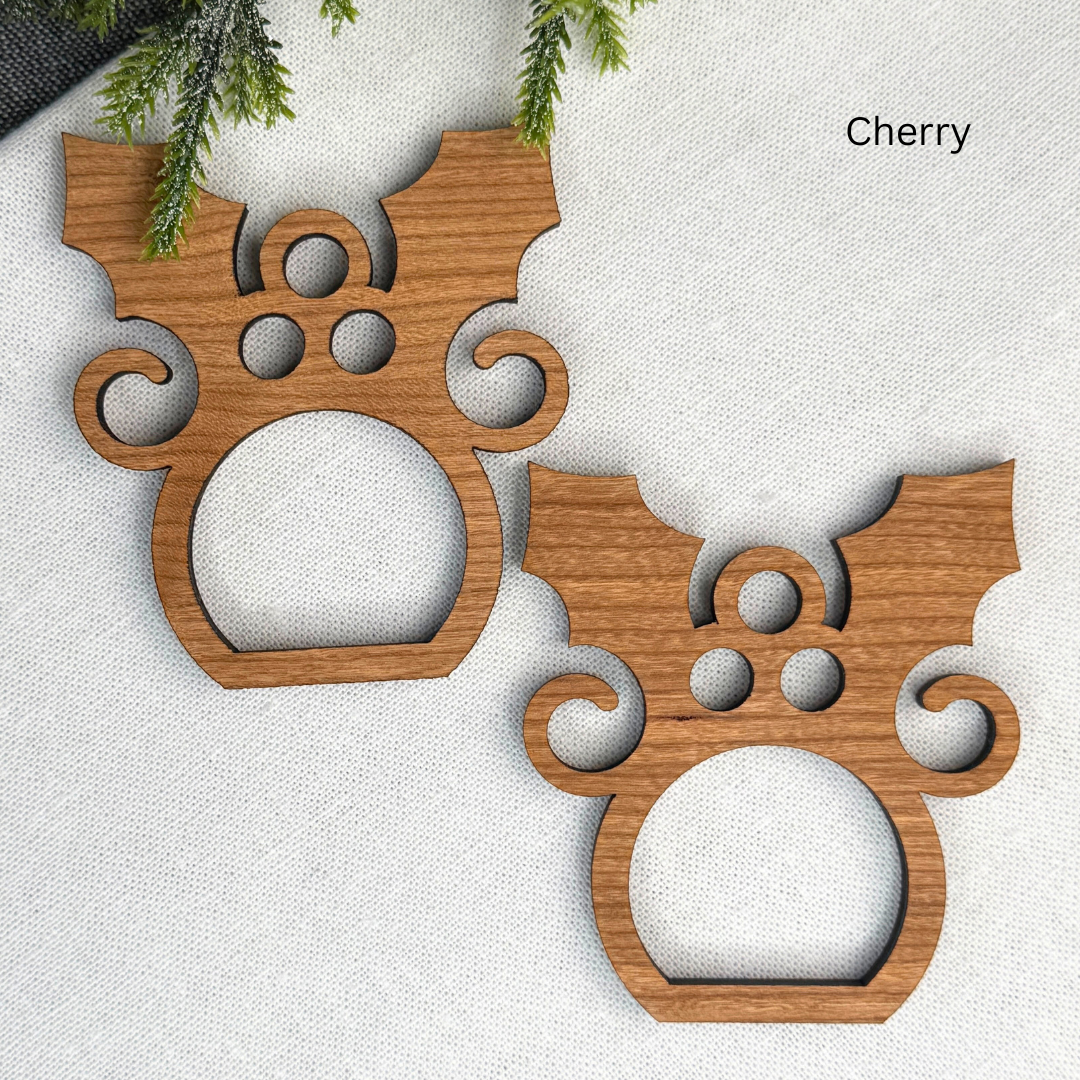 Holly Wooden Christmas Napkin Rings - Holiday Table Decor