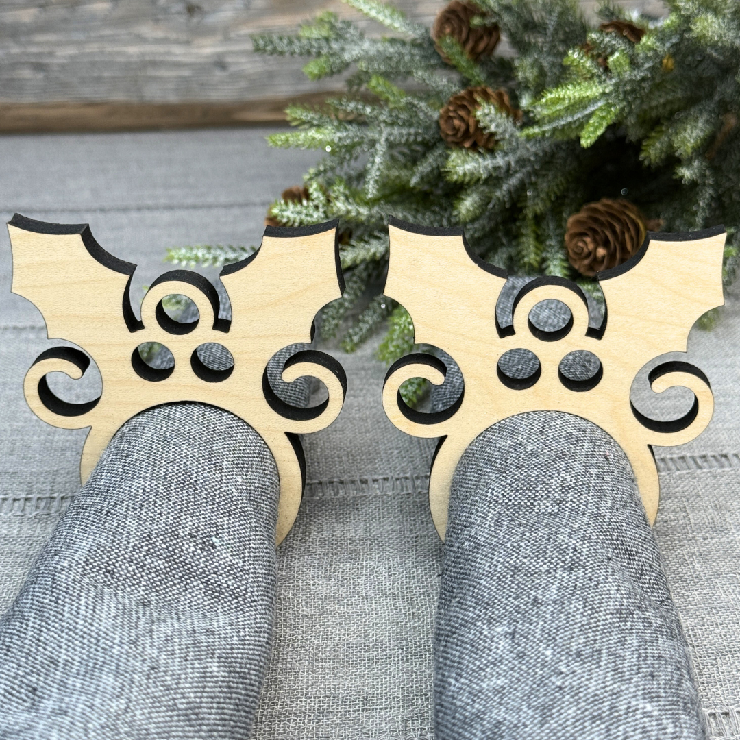 Holly Wooden Christmas Napkin Rings - Holiday Table Decor