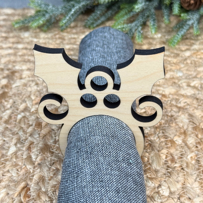 Holly Wooden Christmas Napkin Rings - Holiday Table Decor