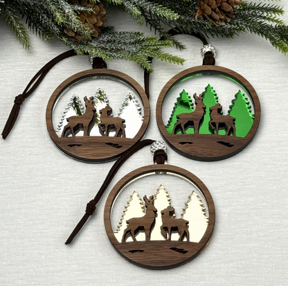 Deer Ornament - Layered Walnut Wood & Mirror