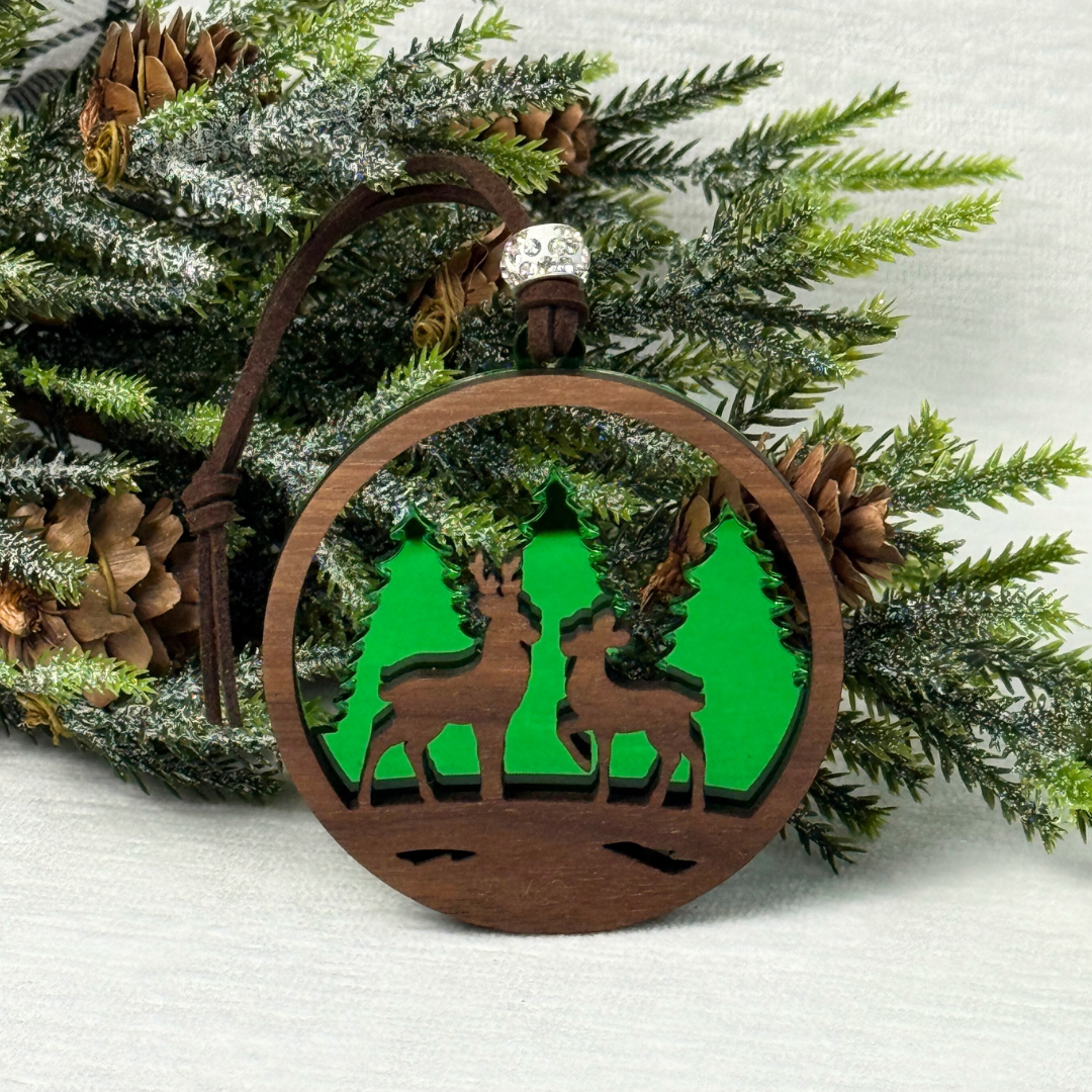 Deer Ornament - Layered Walnut Wood & Mirror