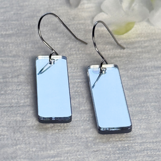 Silver Mirror Acrylic Rectangle Earrings – Double Sided with Stainless Steel Hooks