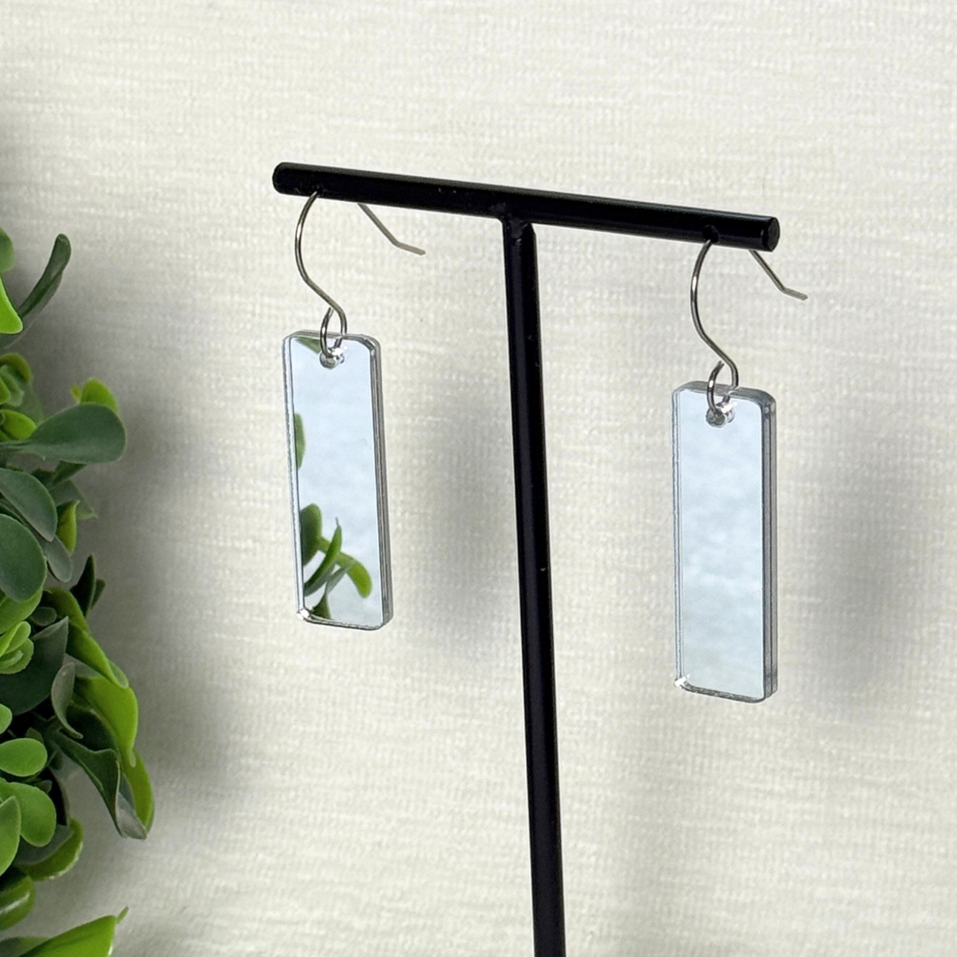 Silver Mirror Acrylic Rectangle Earrings – Double Sided with Stainless Steel Hooks