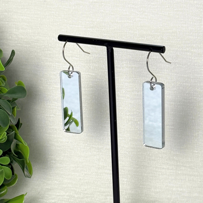 Silver Mirror Acrylic Rectangle Earrings – Double Sided with Stainless Steel Hooks