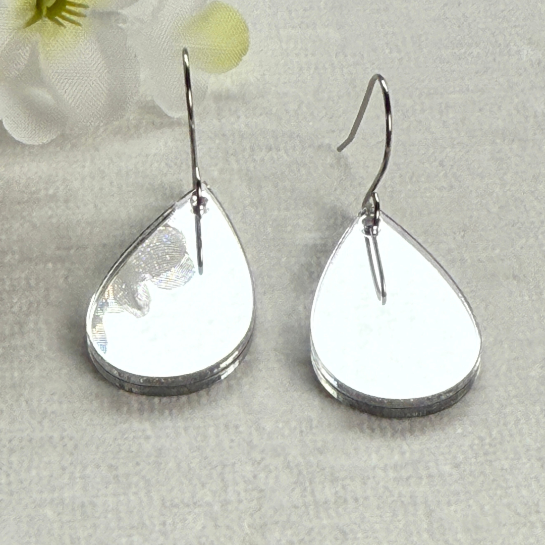 Silver Mirror Acrylic Teardrop Earrings – Double Sided with Stainless Steel Hooks