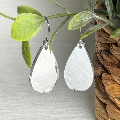 Silver Mirror Acrylic Teardrop Earrings – Double Sided with Stainless Steel Hooks
