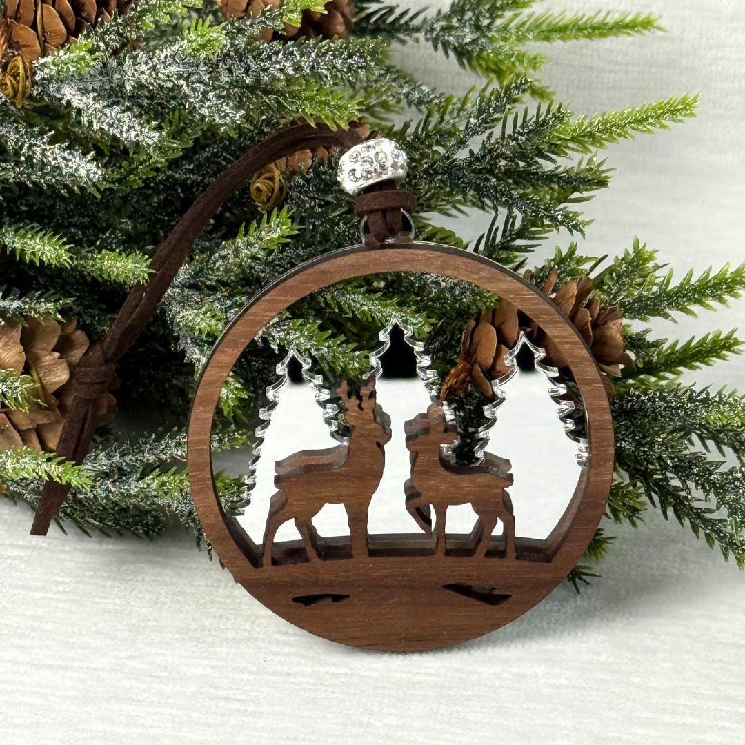 Deer Ornament - Layered Walnut Wood & Mirror