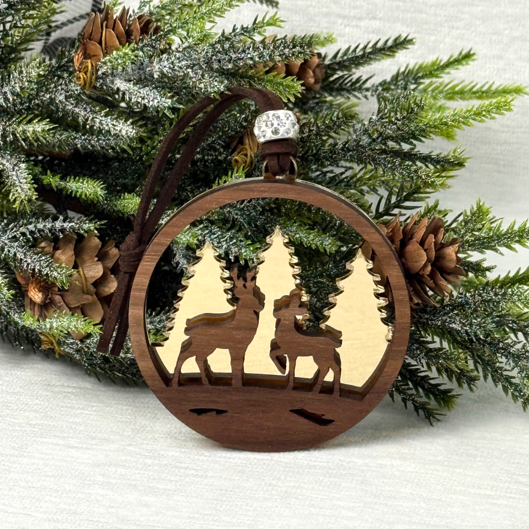 Deer Ornament - Layered Walnut Wood & Mirror