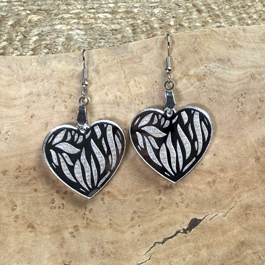 Engraved Heart Earrings – Silver or Red Mirror