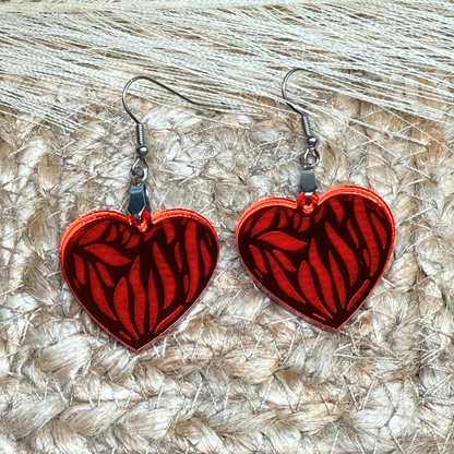 Engraved Heart Earrings – Silver or Red Mirror