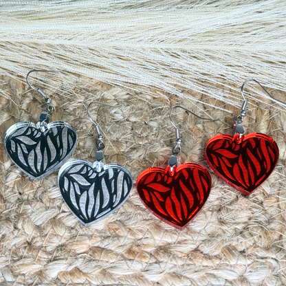 Engraved Heart Earrings – Silver or Red Mirror