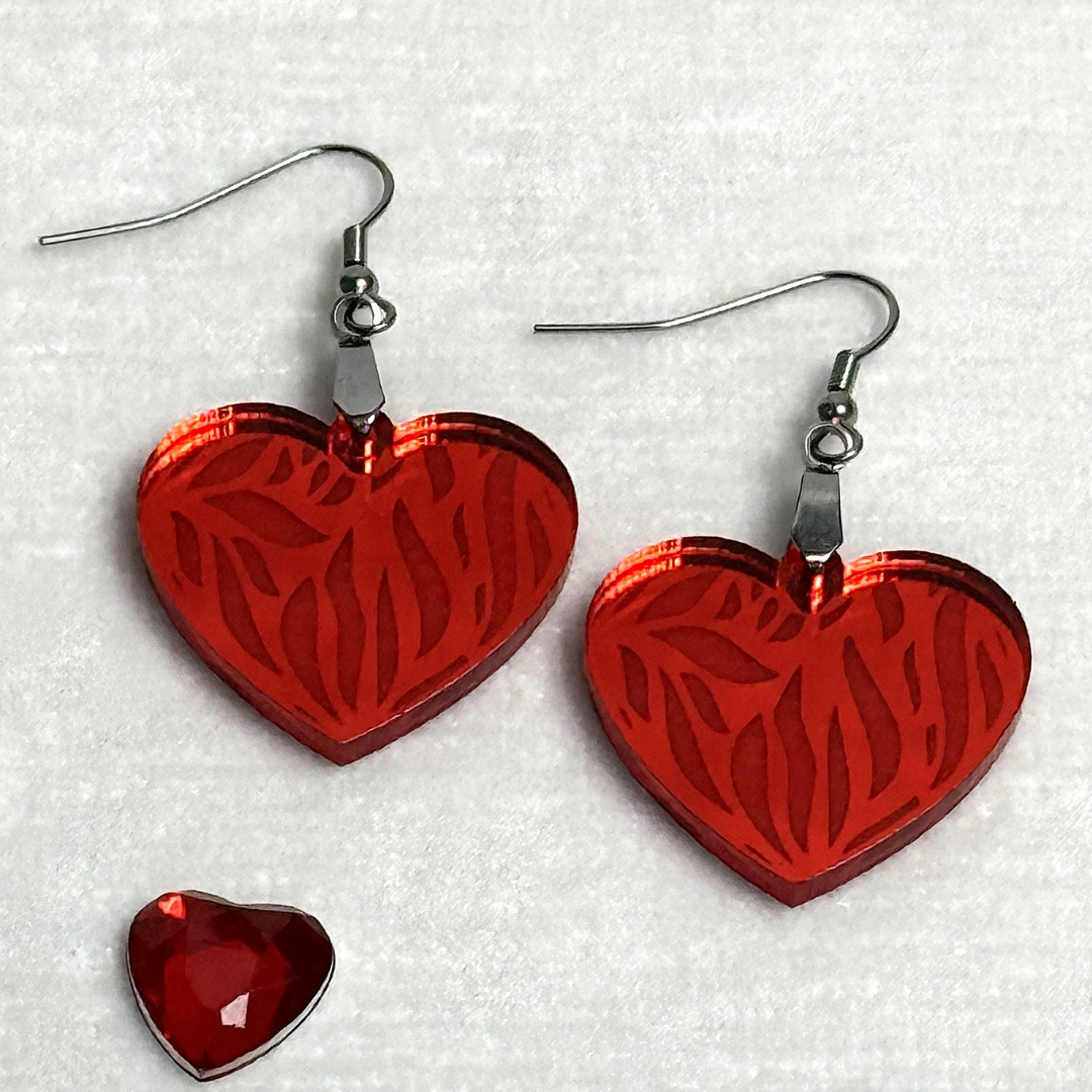 Engraved Heart Earrings – Silver or Red Mirror