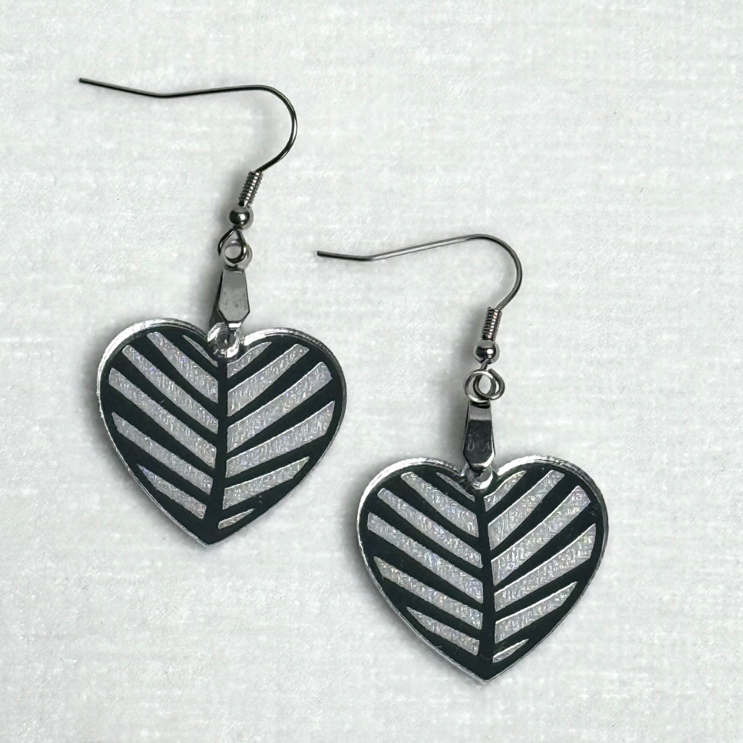 Engraved Heart Chevron Earrings – Silver or Red Mirror
