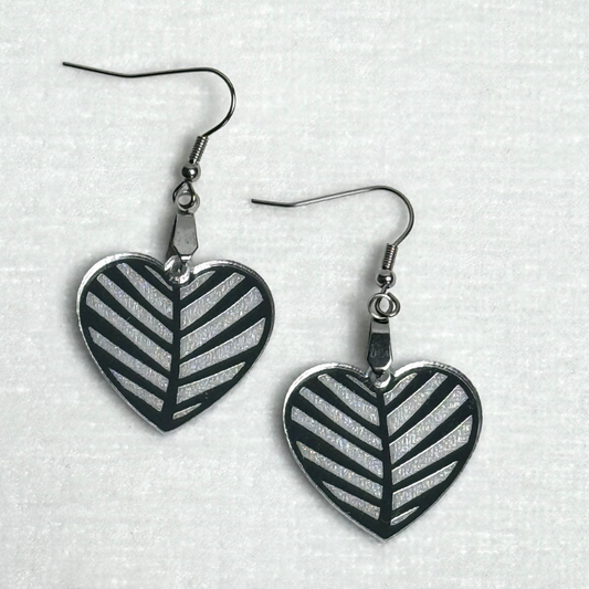 Engraved Heart Chevron Earrings – Silver or Red Mirror