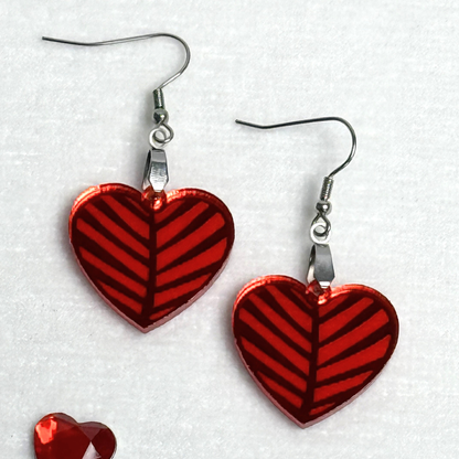 Engraved Heart Chevron Earrings – Silver or Red Mirror