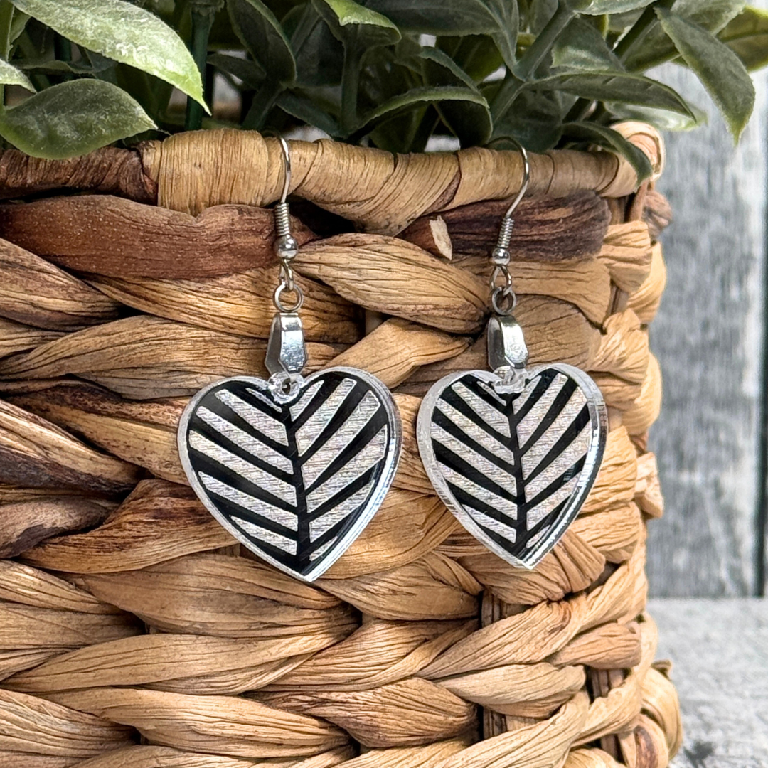 Engraved Heart Chevron Earrings – Silver or Red Mirror