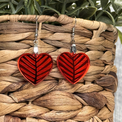 Engraved Heart Chevron Earrings – Silver or Red Mirror