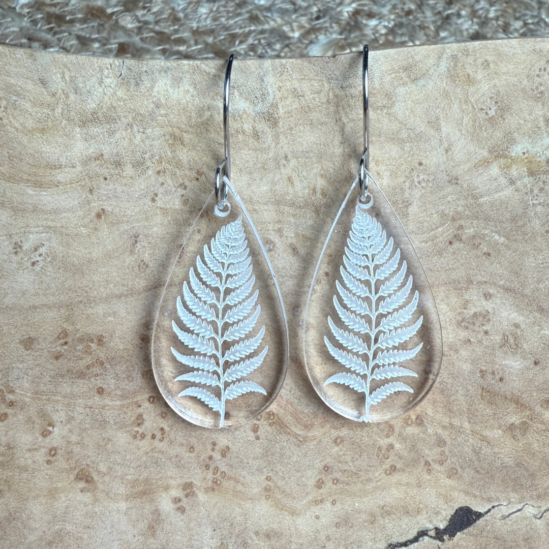 Fern Acrylic Teardrop Earrings – Clear Engraved Earrings