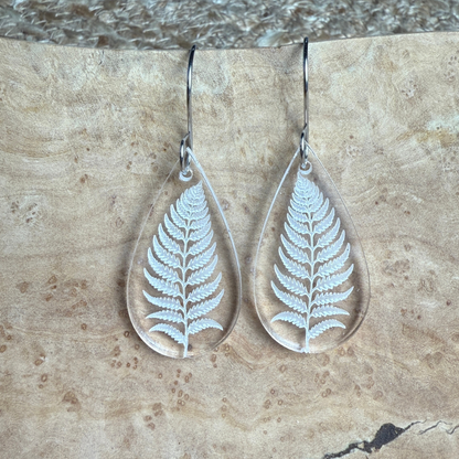 Fern Acrylic Teardrop Earrings – Clear Engraved Earrings