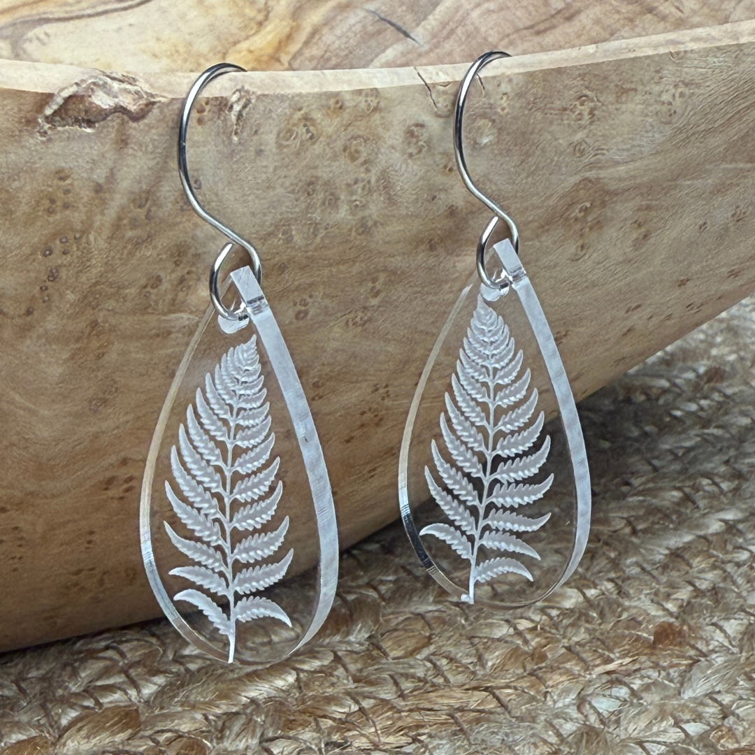 Fern Acrylic Teardrop Earrings – Clear Engraved Earrings