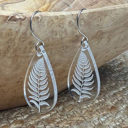 Fern Acrylic Teardrop Earrings – Clear Engraved Earrings