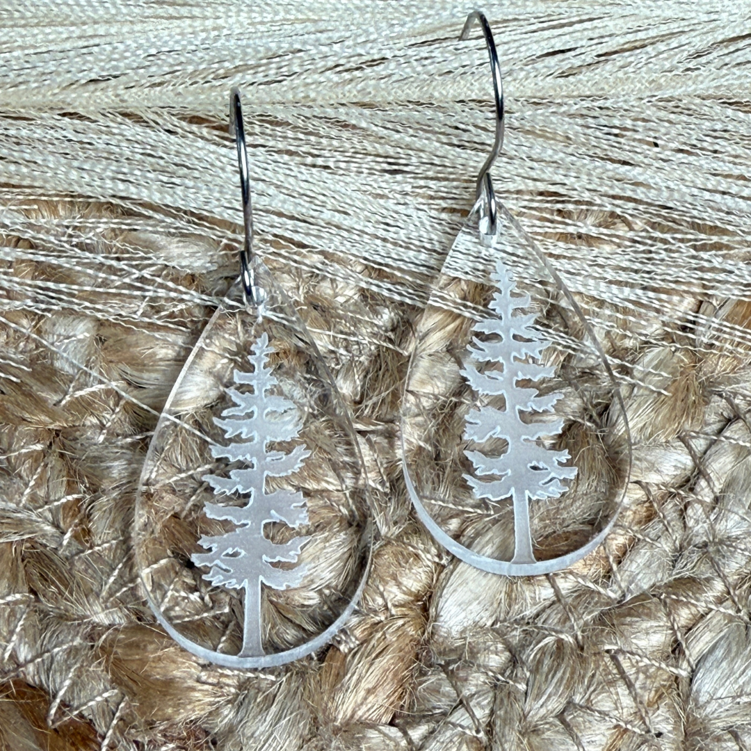 Pine Tree Acrylic Teardrop Earrings – Clear Engraved Earrings