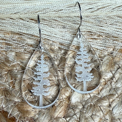 Pine Tree Acrylic Teardrop Earrings – Clear Engraved Earrings
