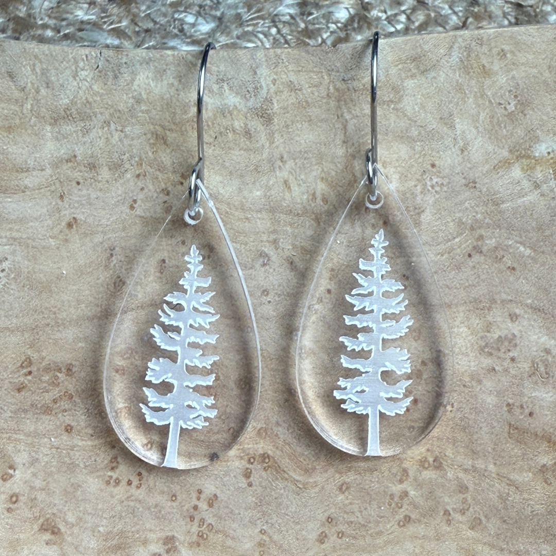Pine Tree Acrylic Teardrop Earrings – Clear Engraved Earrings