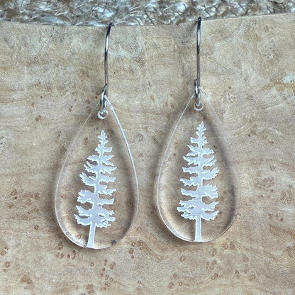 Pine Tree Acrylic Teardrop Earrings – Clear Engraved Earrings