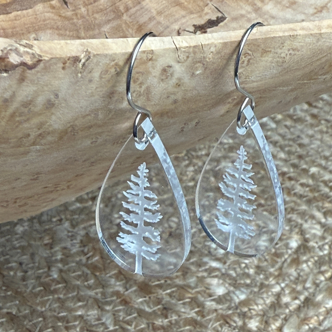 Pine Tree Acrylic Teardrop Earrings – Clear Engraved Earrings