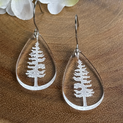 Pine Tree Acrylic Teardrop Earrings – Clear Engraved Earrings