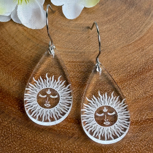 Celestial Sun Teardrop Earrings – Clear Engraved Boho Earrings