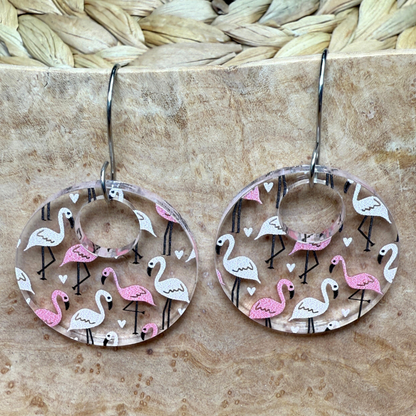 Flamingo Acrylic Earrings – Clear Patterned Round Earrings