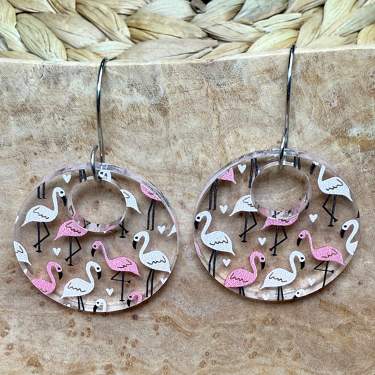 Flamingo Acrylic Earrings – Clear Patterned Round Earrings