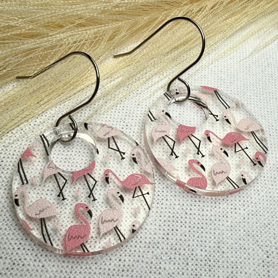 Flamingo Acrylic Earrings – Clear Patterned Round Earrings
