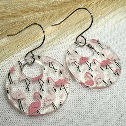 Flamingo Acrylic Earrings – Clear Patterned Round Earrings