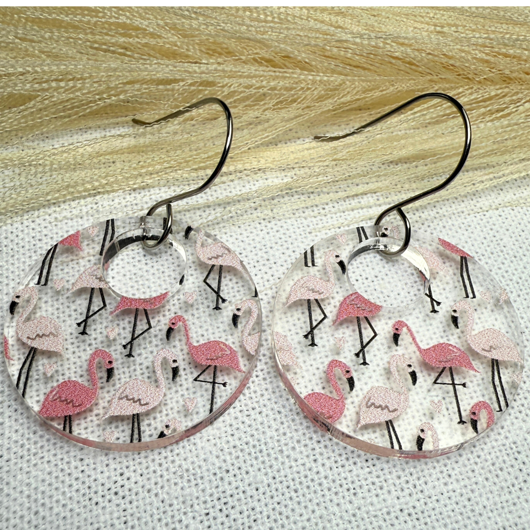 Flamingo Acrylic Earrings – Clear Patterned Round Earrings