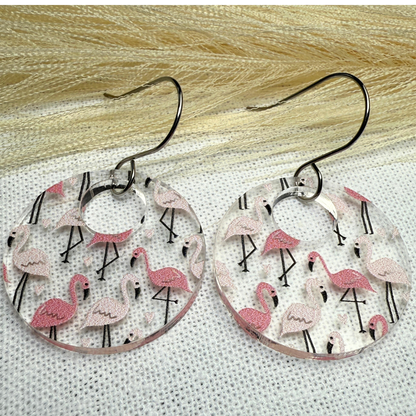 Flamingo Acrylic Earrings – Clear Patterned Round Earrings
