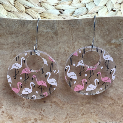 Flamingo Acrylic Earrings – Clear Patterned Round Earrings