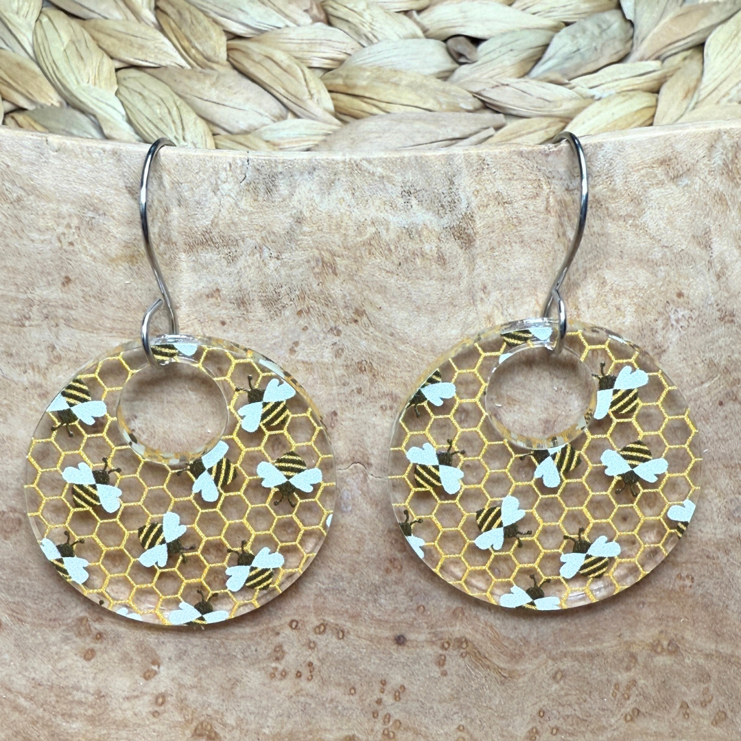 Bee Acrylic Earrings – Clear Patterned Round Earrings