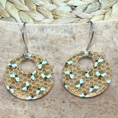 Bee Acrylic Earrings – Clear Patterned Round Earrings