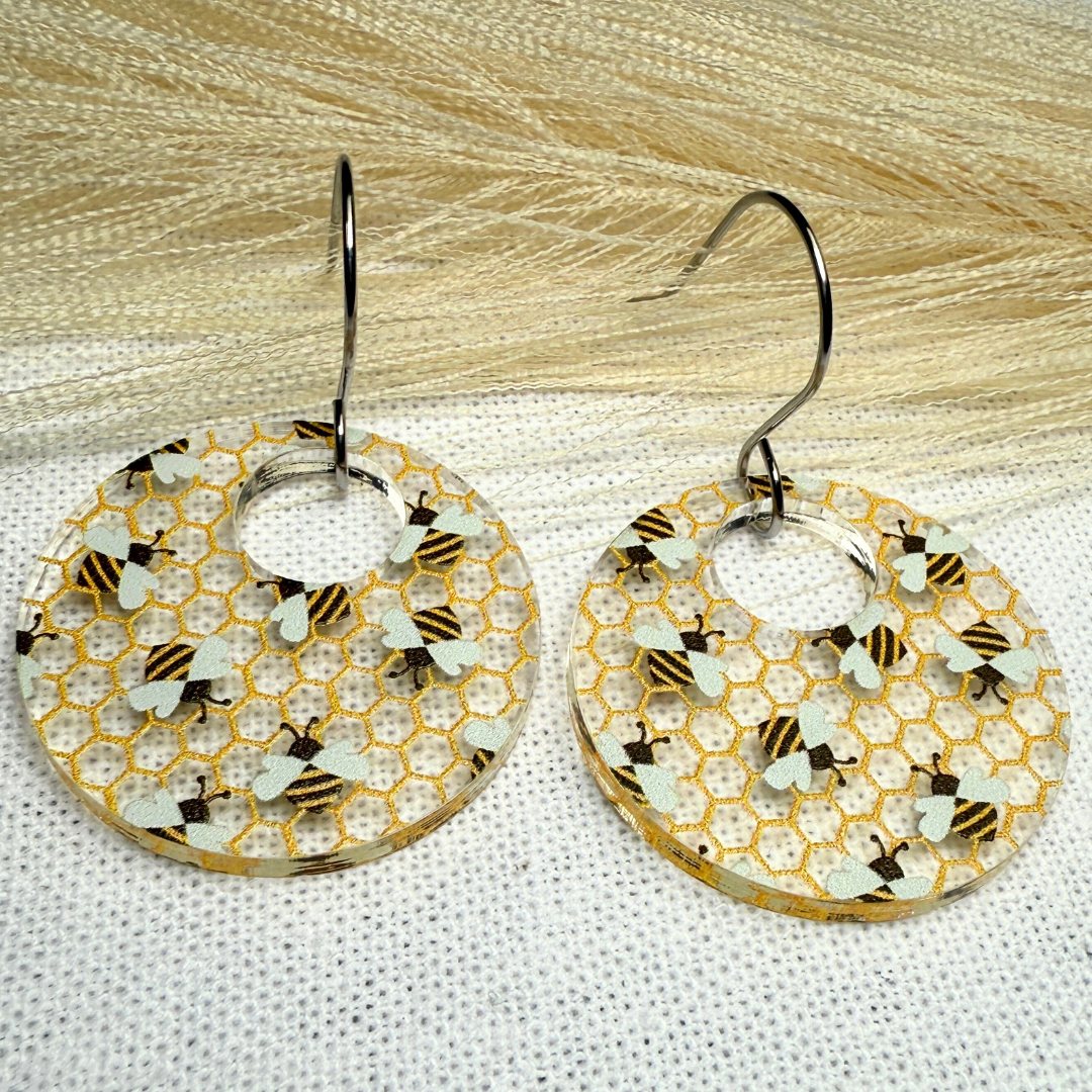 Bee Acrylic Earrings – Clear Patterned Round Earrings
